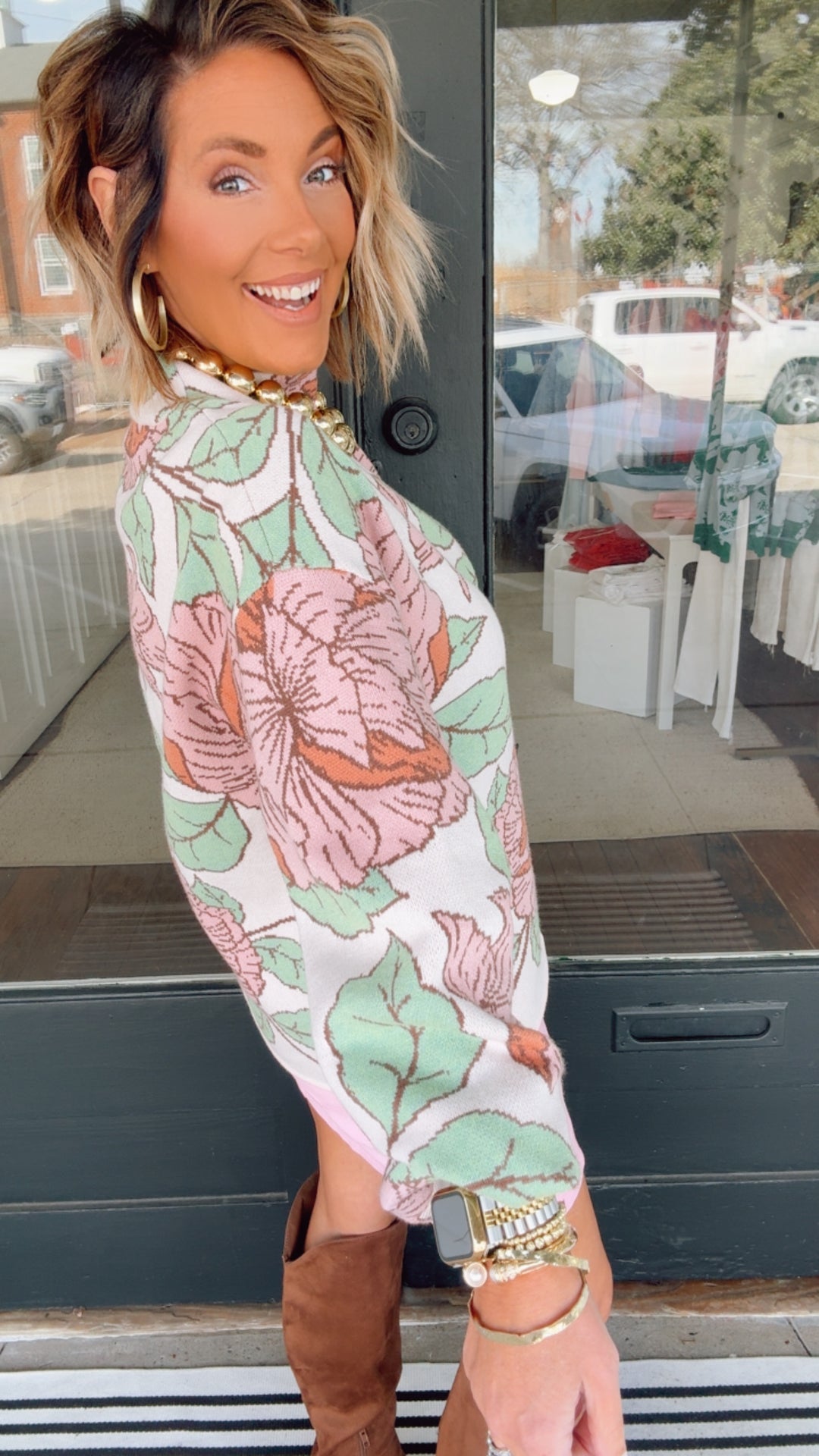 Floral Pattern Mock Neck Sweater