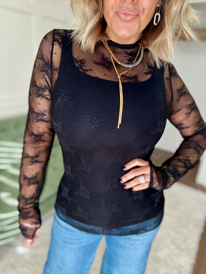 Lux Layering Floral Lace See Through Mesh Top