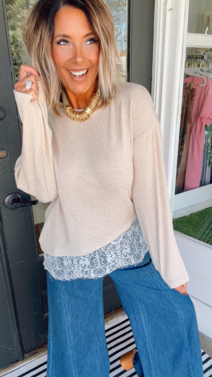 Asymmetrical Lace Hem Soft Brushed Jersey Knit Top
