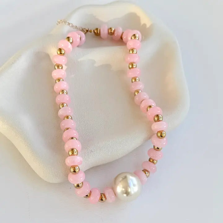 Chunky Beaded Necklace Peal Bubble Gold Light Pink