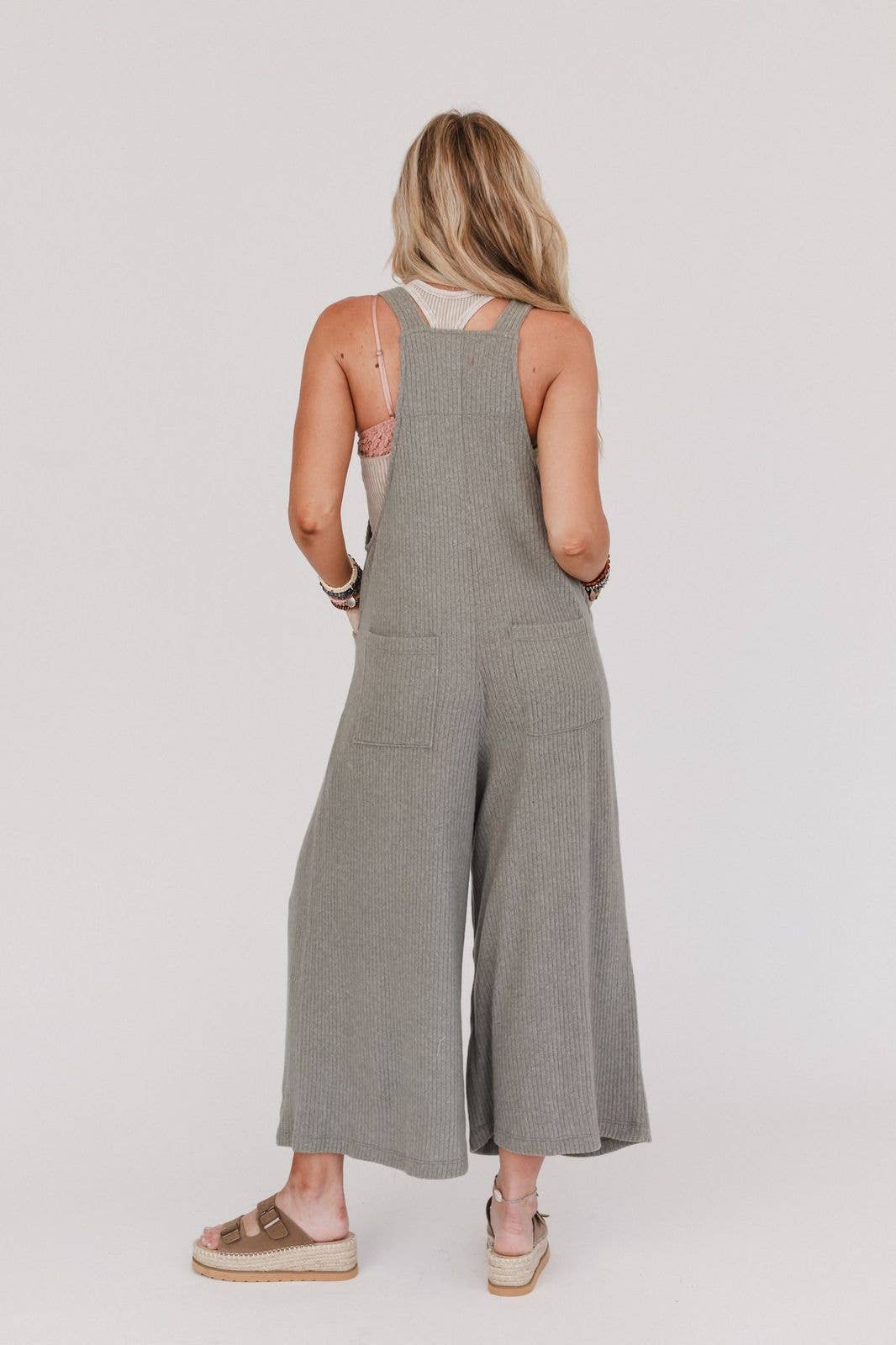 Three Bird Nest - Serenity Wide Leg Ribbed Knit Overalls - Olive: L