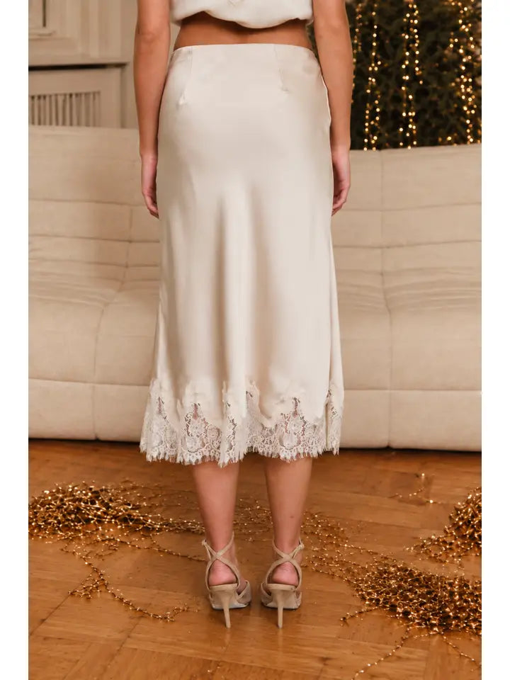 Satin Scalloped Lace Trim Midi Skirt