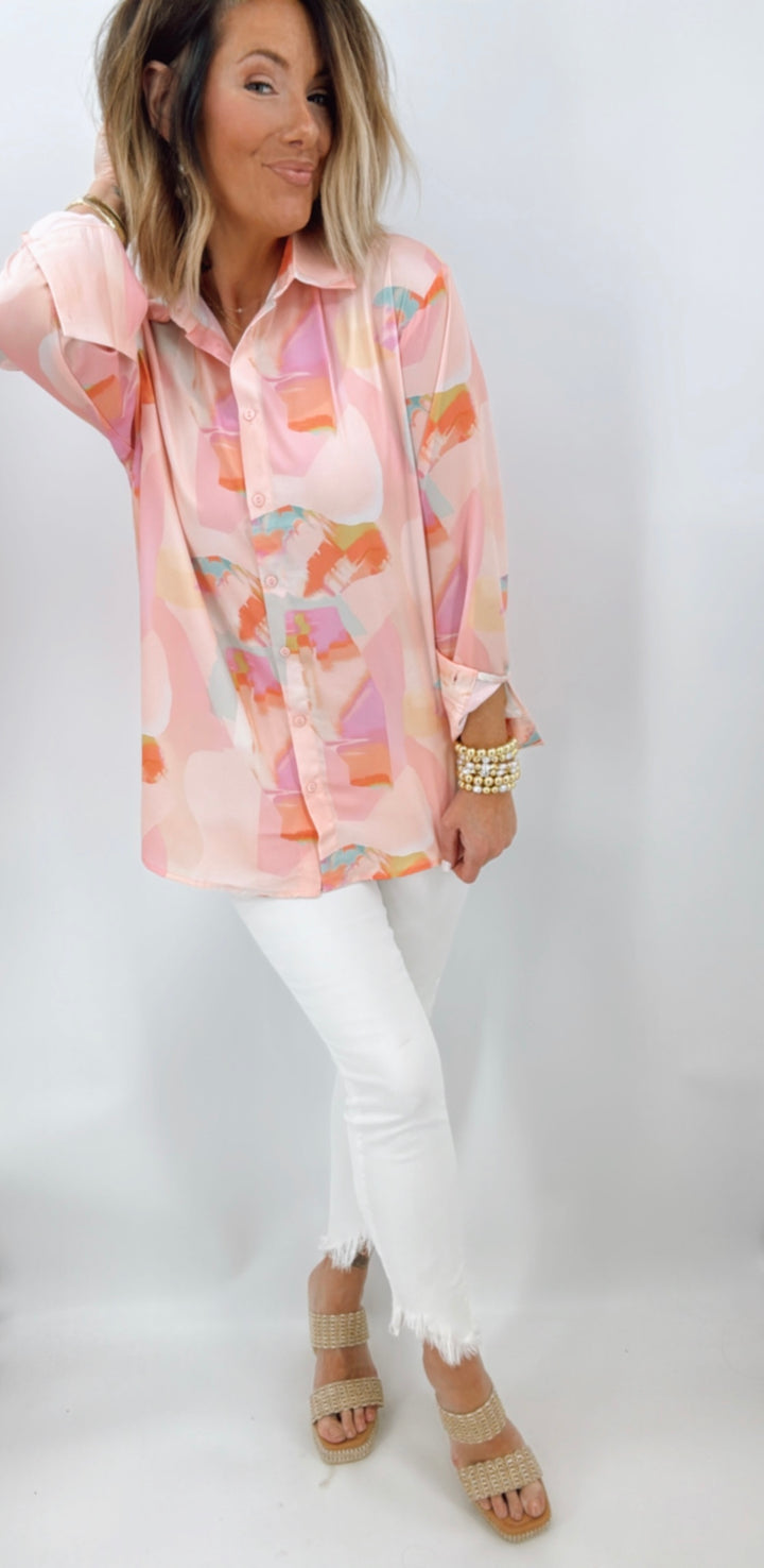 Watercolor Print Satin Button Up Shirt