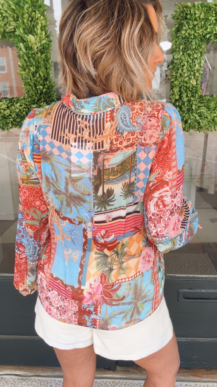 Melani Tropical Matra Long Sleeve Collared Blouse