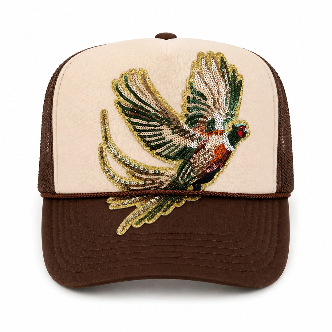 Fly Girl Sequin Pheasant Trucker/Brown & Cream