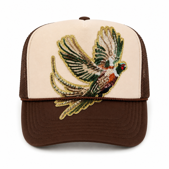 Fly Girl Sequin Pheasant Trucker/Brown & Cream