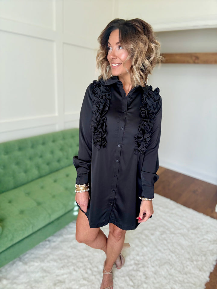 Satin Ruffle Detail Button Down Shirt Dress