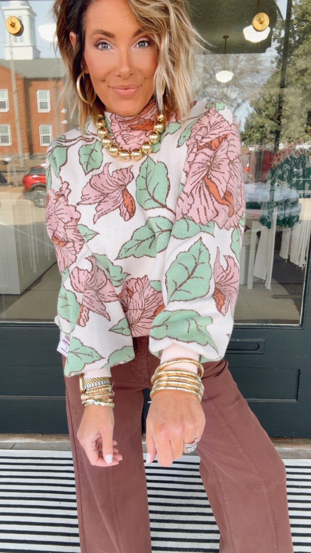 Floral Pattern Mock Neck Sweater