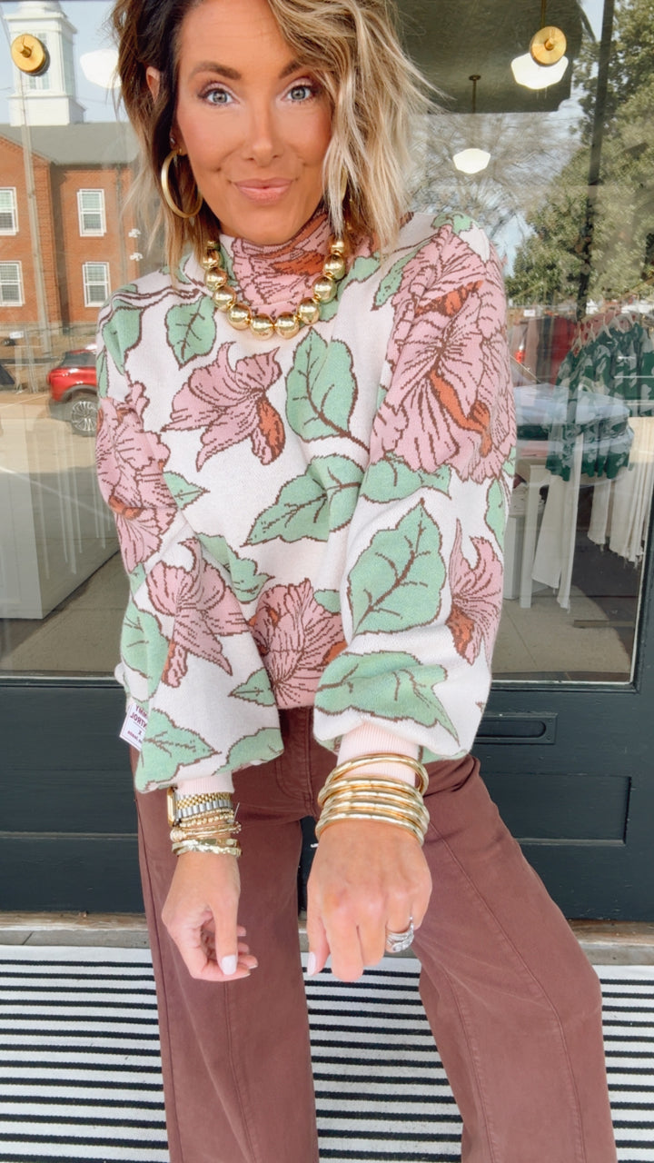 Floral Pattern Mock Neck Sweater