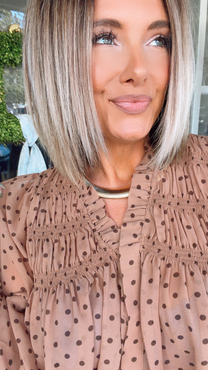 The Mocha Dot Smocked Top