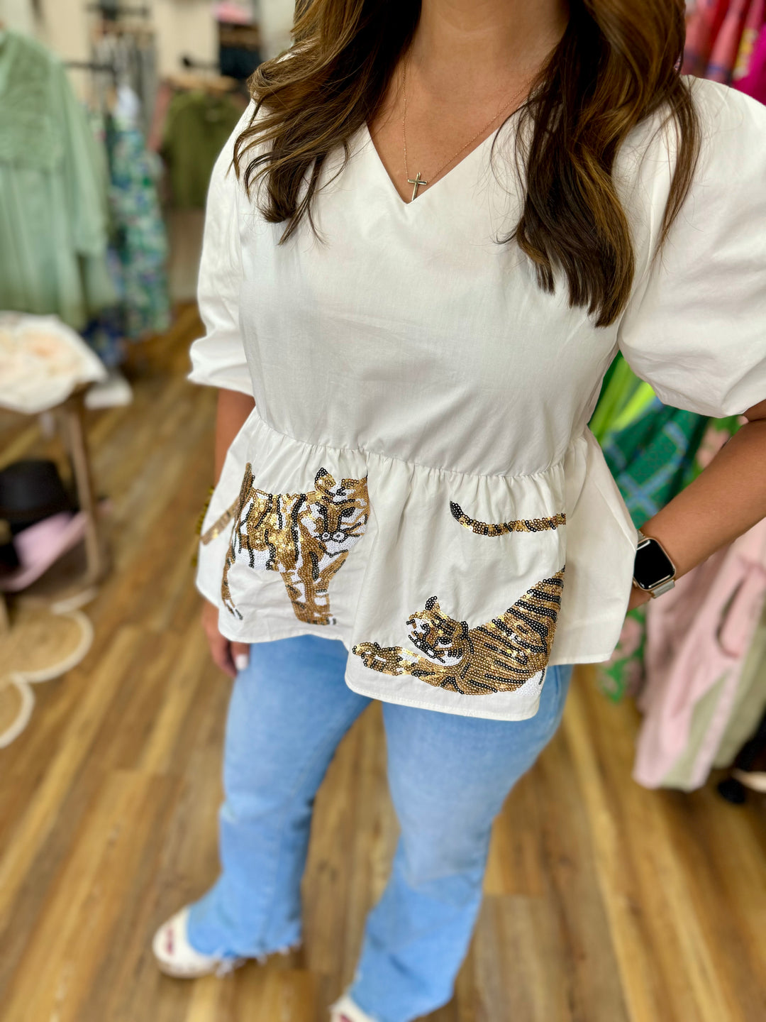 Tiger Sequin Peplum Top