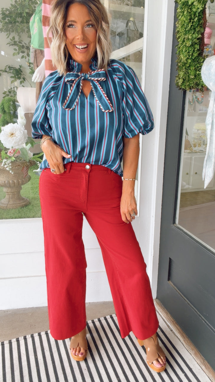 THML Uptown Stripe Tie-Neck Top