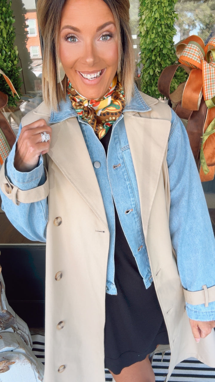 Layered Look Trench Coat With Denim Jacket