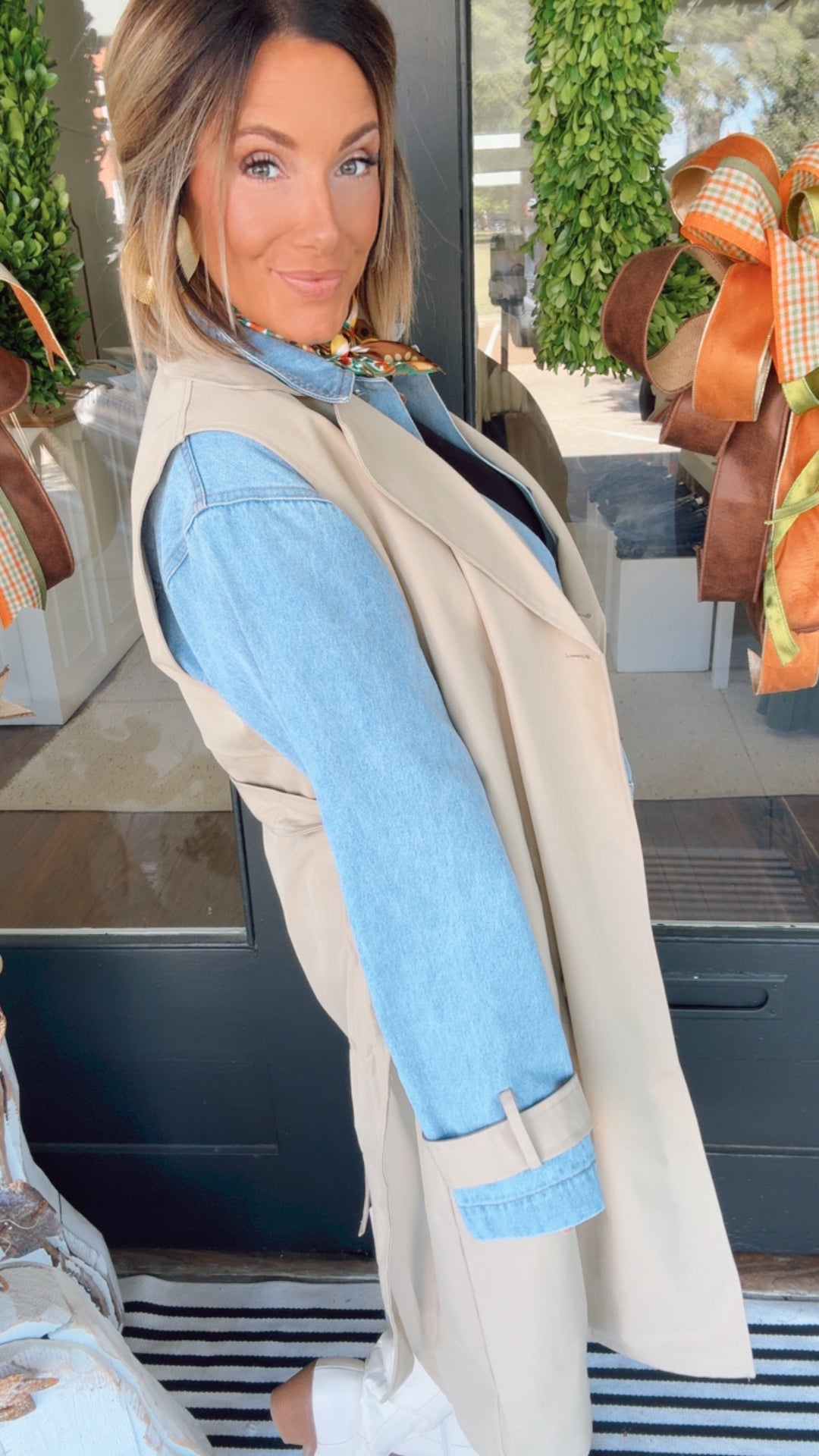 Layered Look Trench Coat With Denim Jacket