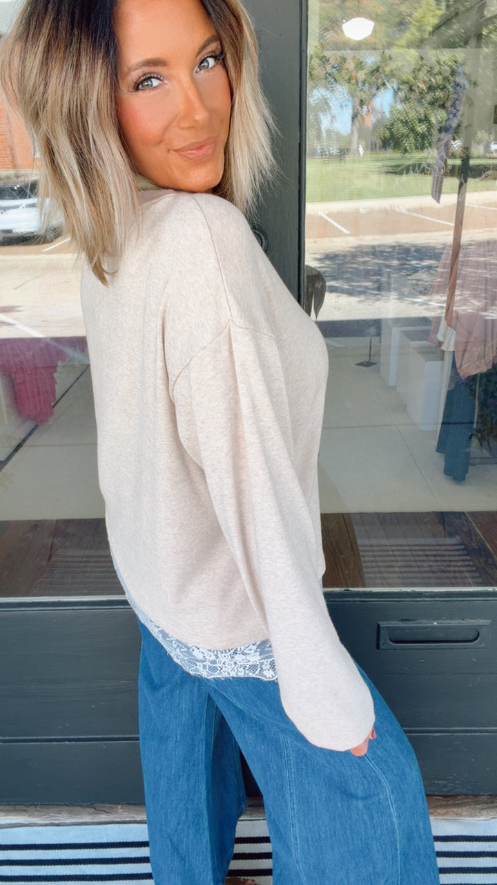 Asymmetrical Lace Hem Soft Brushed Jersey Knit Top