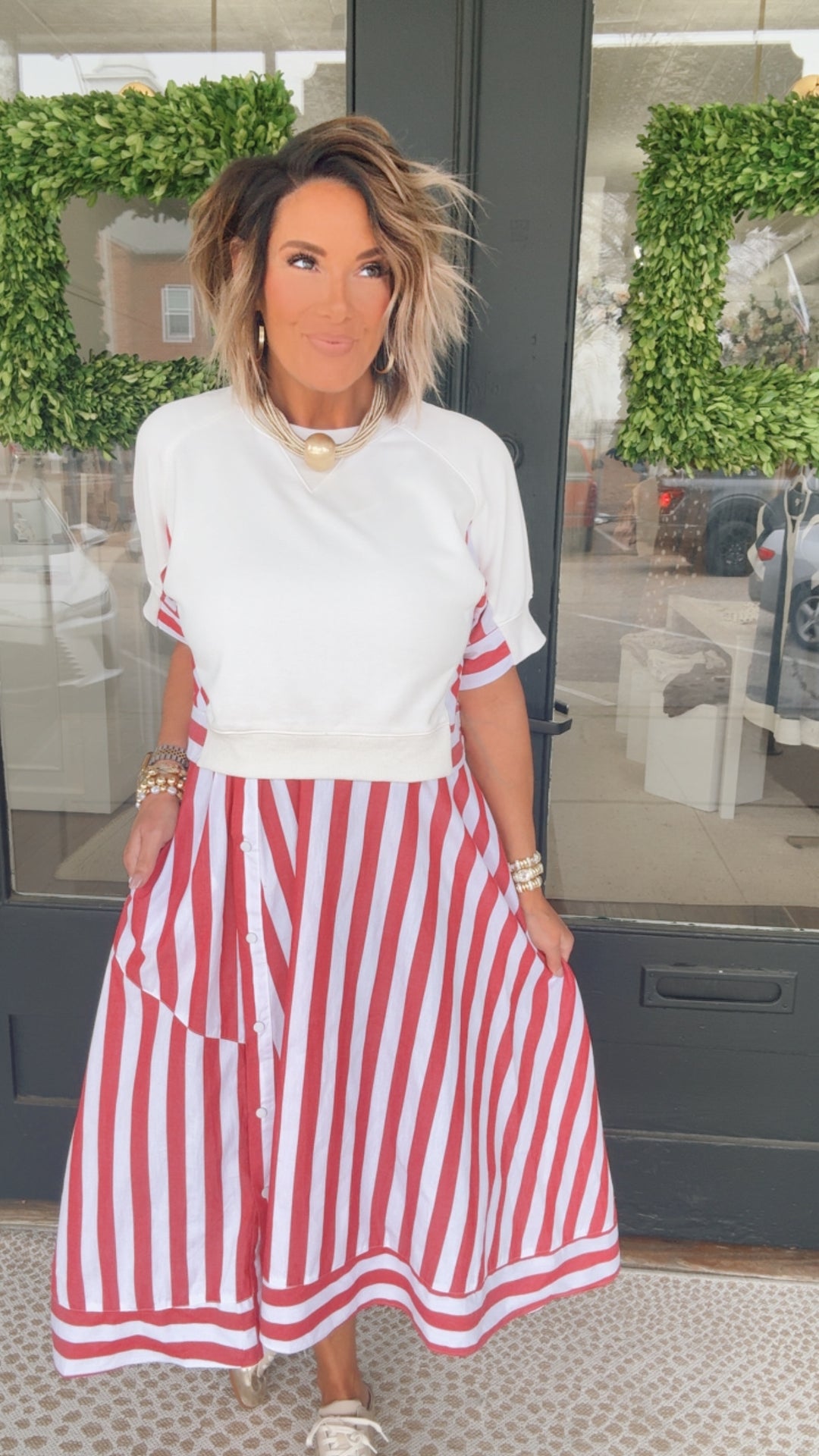 Mixed Media Striped Top and Midi Dress Set