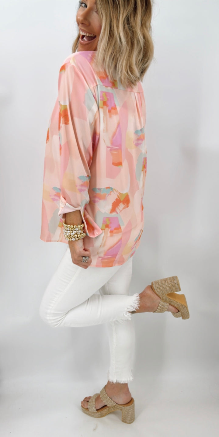Watercolor Print Satin Button Up Shirt