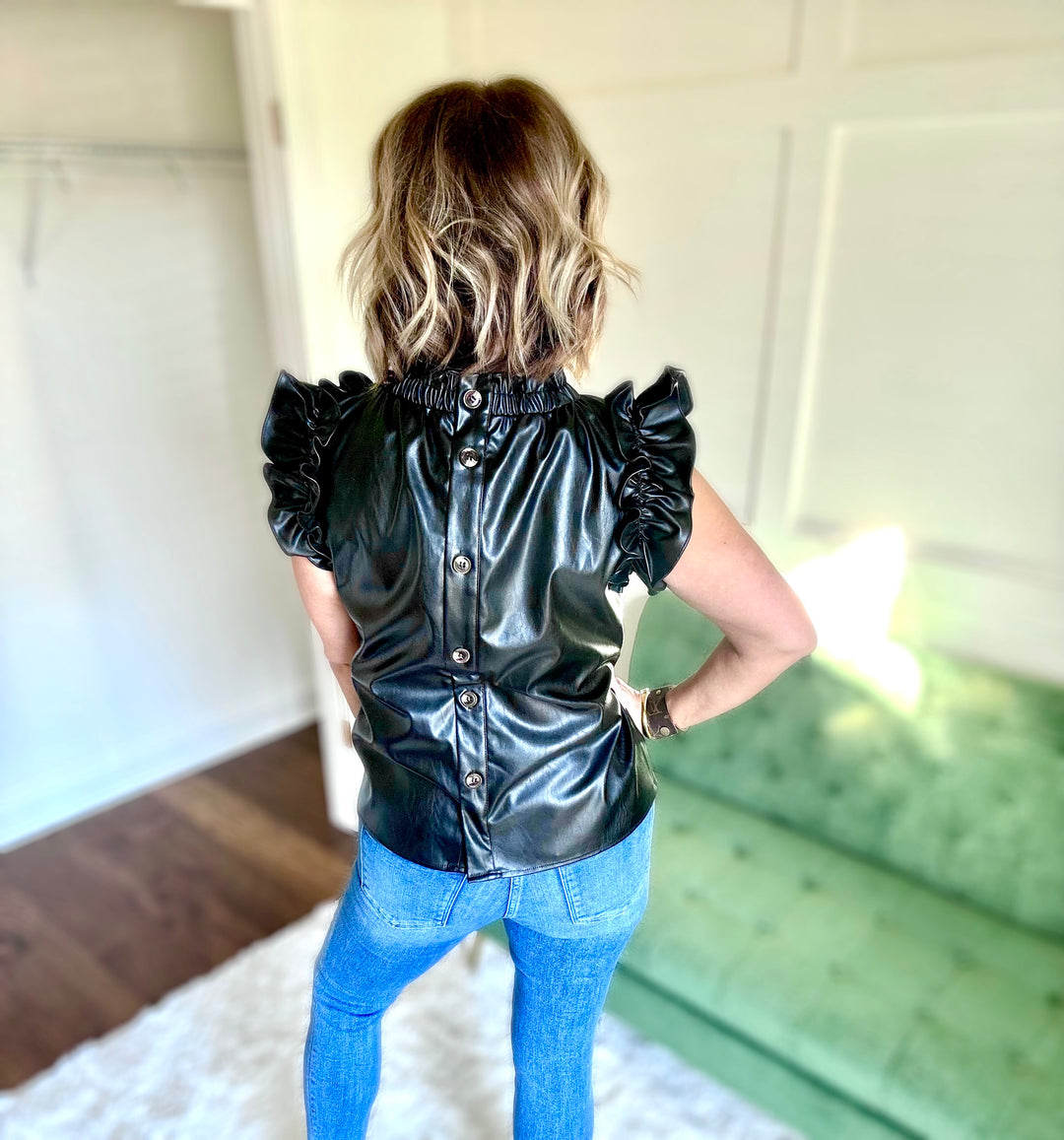 THML LEATHER RUFFLE TOP