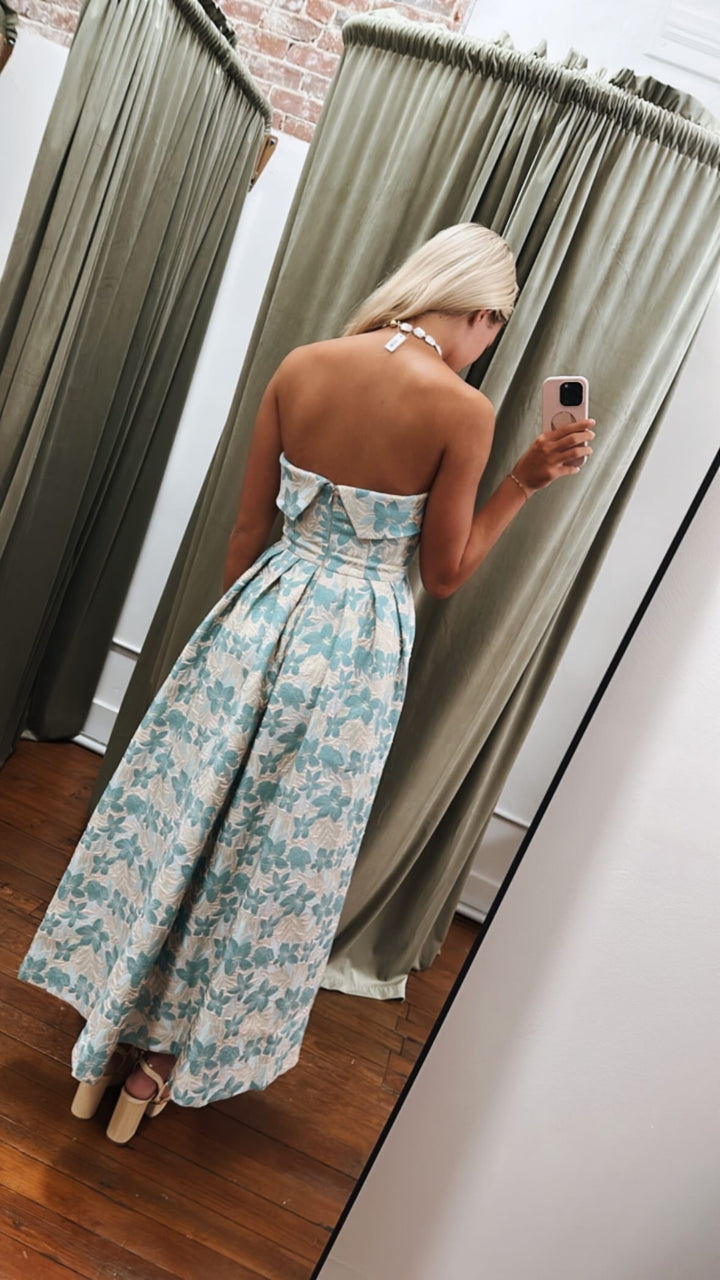 Jacquard Floral Print Tube Midi Dress