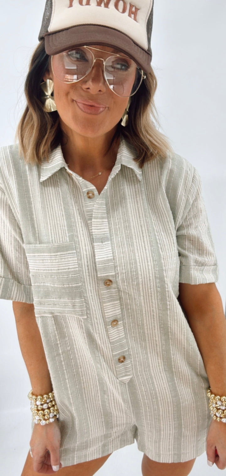 Textured Cotton Button Down Romper