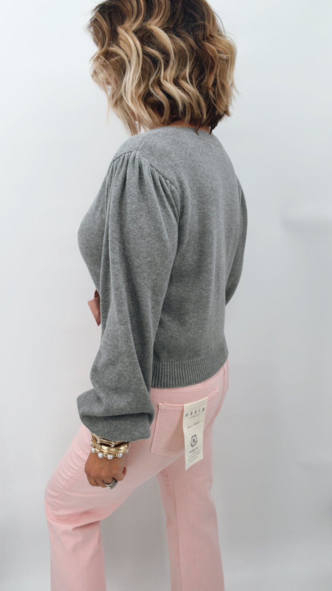 BOW FRONT V-NECK LONG SLEEVE SWEATER TOP