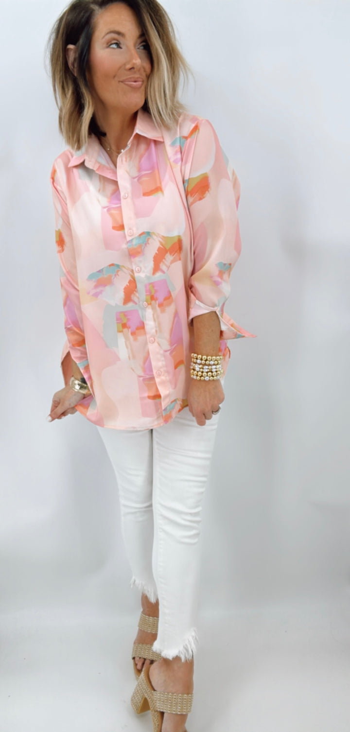 Watercolor Print Satin Button Up Shirt