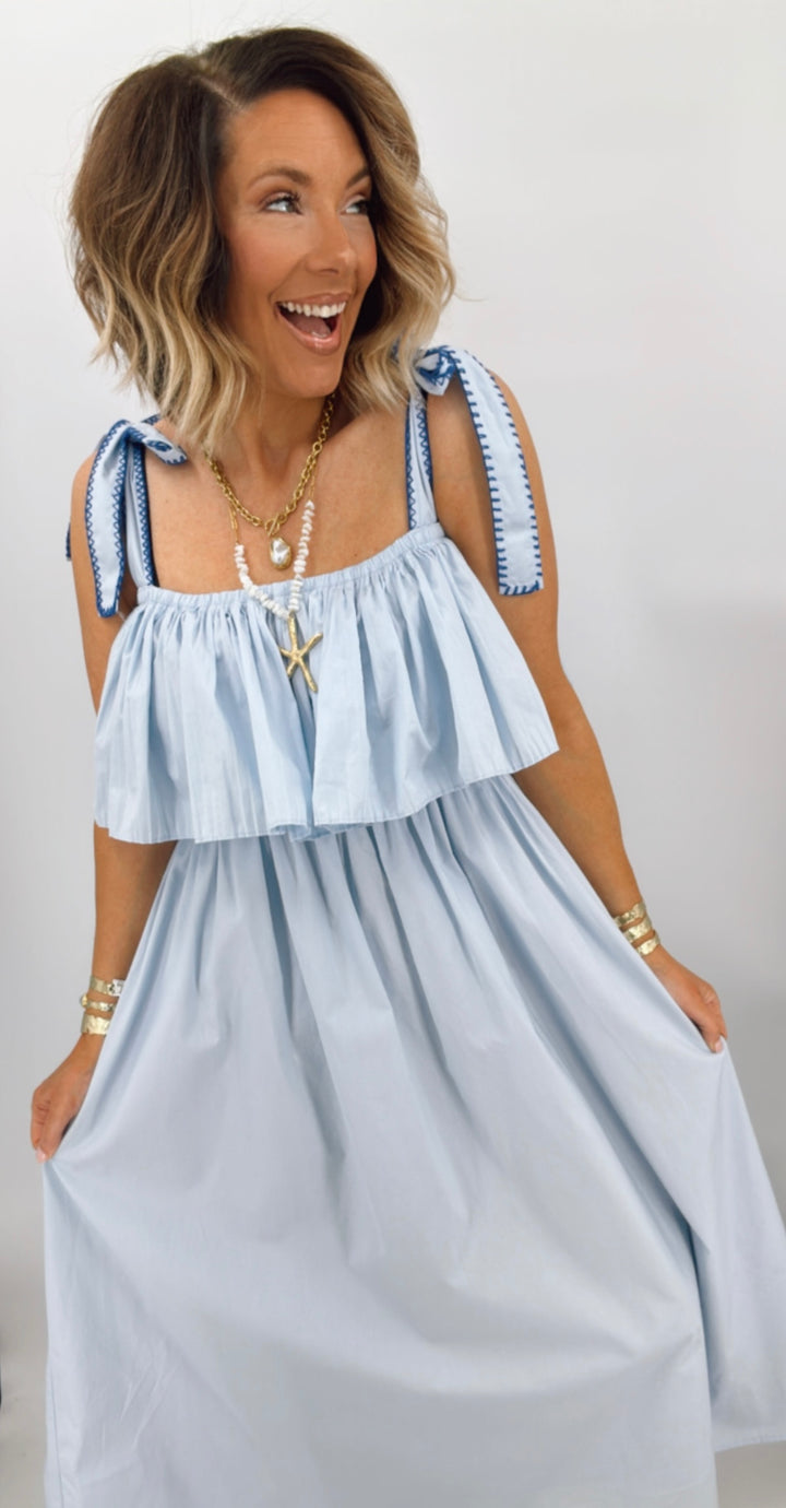 The Blue Razz Off the shoulder Midi