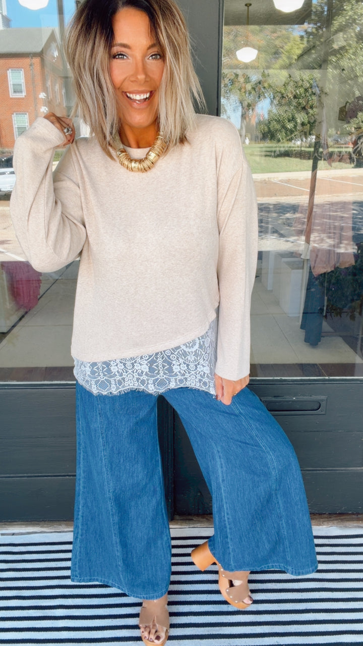 Asymmetrical Lace Hem Soft Brushed Jersey Knit Top