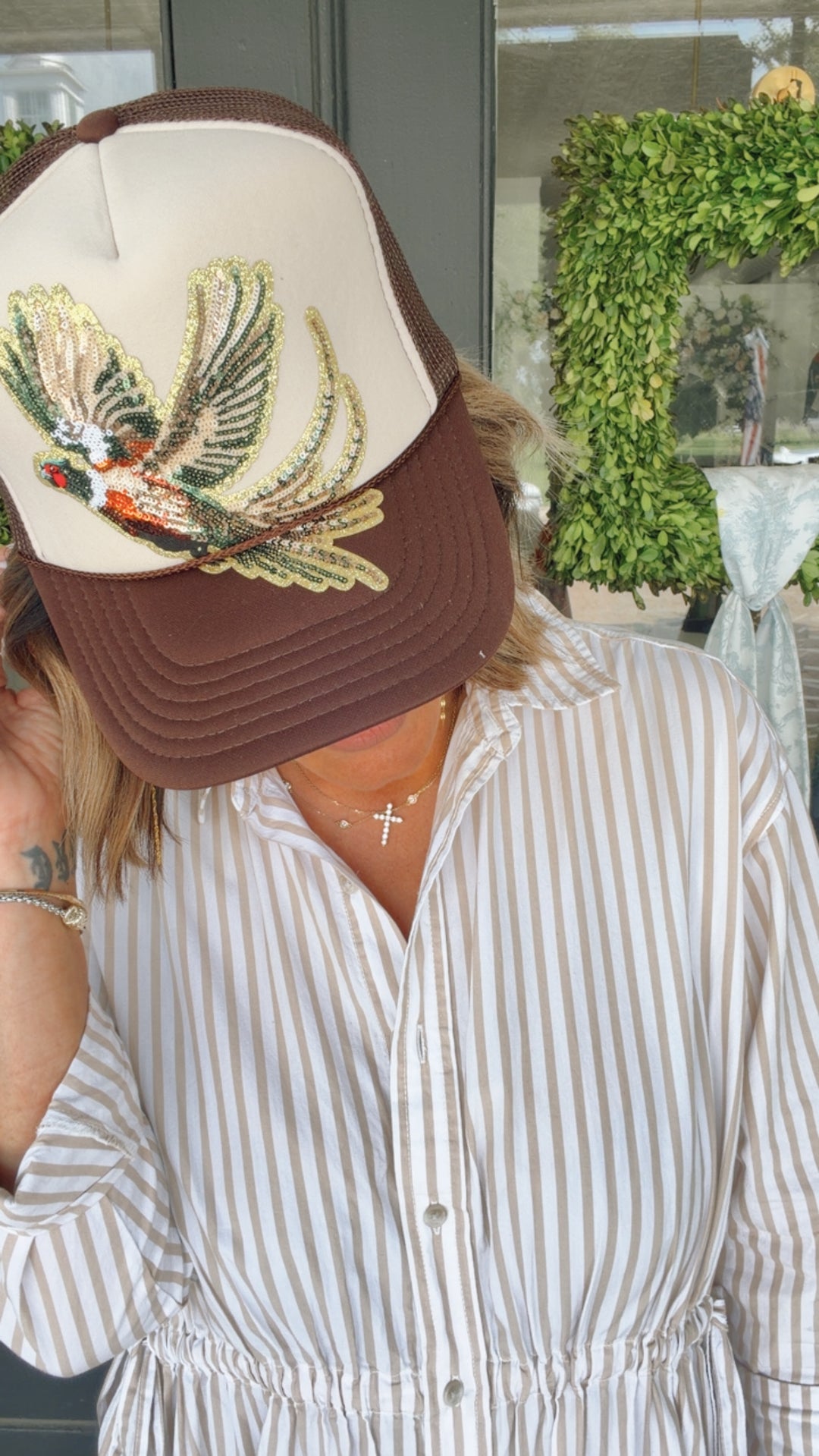 Fly Girl Sequin Pheasant Trucker/Brown & Cream