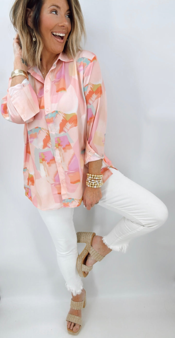 Watercolor Print Satin Button Up Shirt