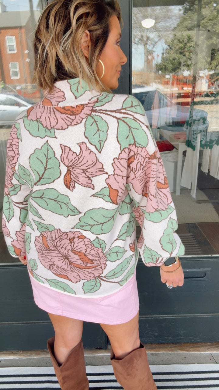Floral Pattern Mock Neck Sweater