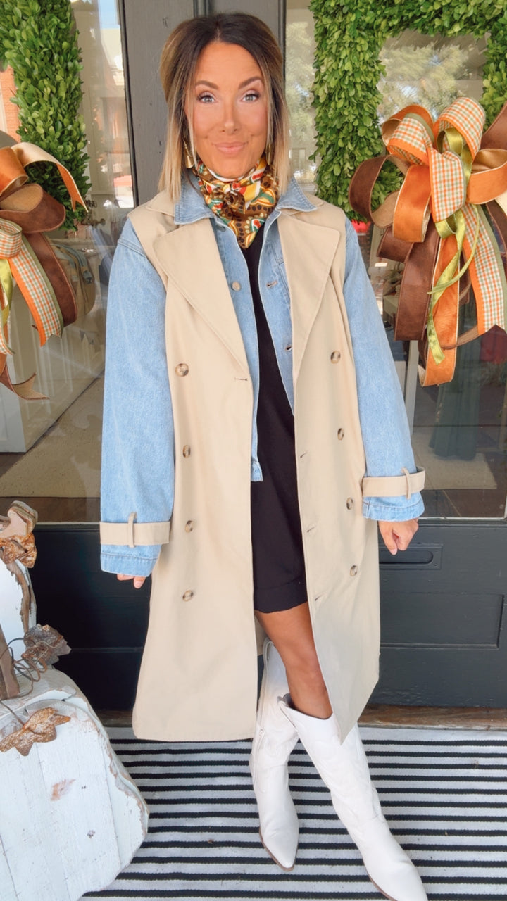 Layered Look Trench Coat With Denim Jacket