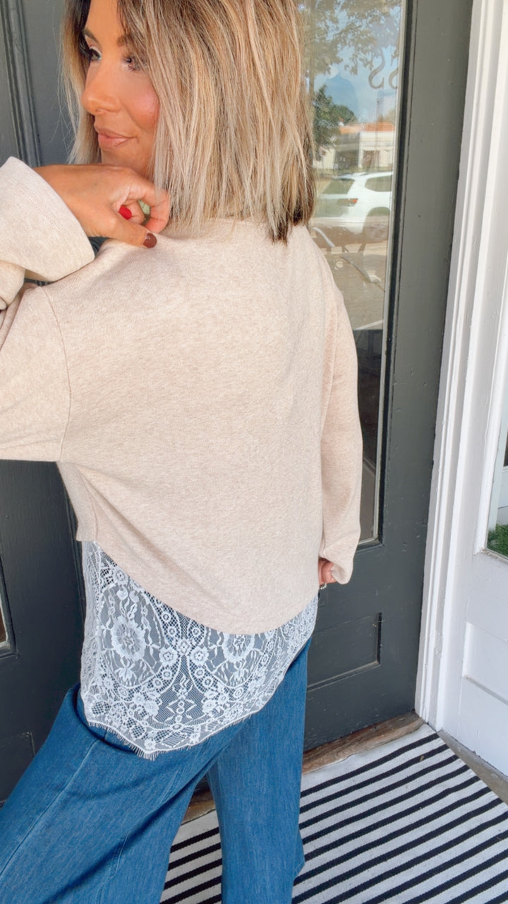 Asymmetrical Lace Hem Soft Brushed Jersey Knit Top