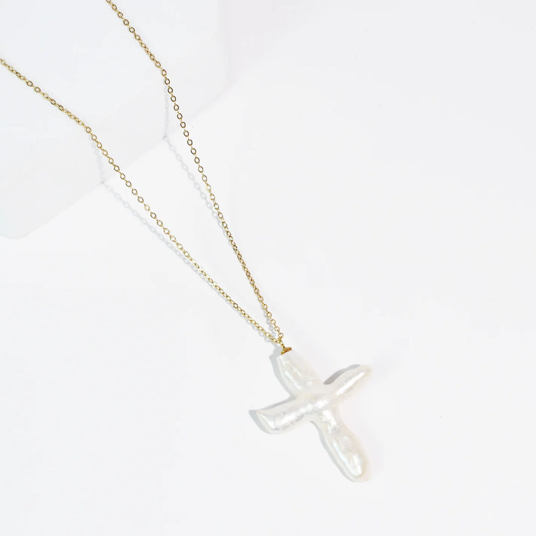 Heavenly Pearl Cross Necklace Gold
