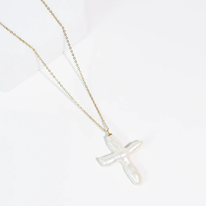 Heavenly Pearl Cross Necklace Gold
