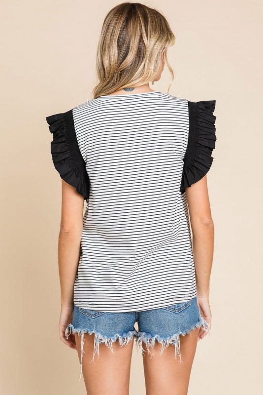 Stripped Frill Shoulder Top
