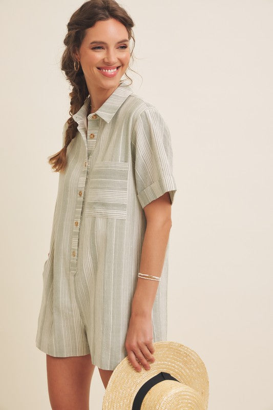 Textured Cotton Button Down Romper
