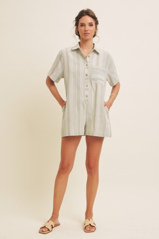 Textured Cotton Button Down Romper