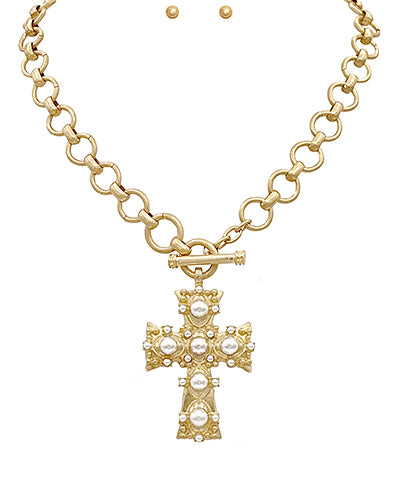 Pearl Studded Cross Necklace Set