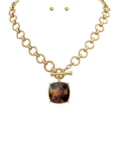 Squared Stone Pendant Necklace Set