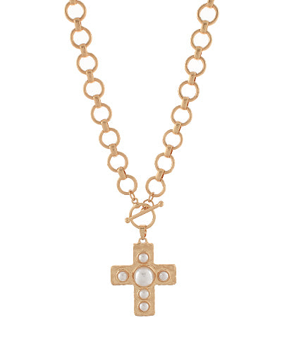 Cross & Linked Circle Chain Necklace Cream