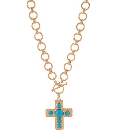 Cross & Linked Circle Chain Necklace Turquoise