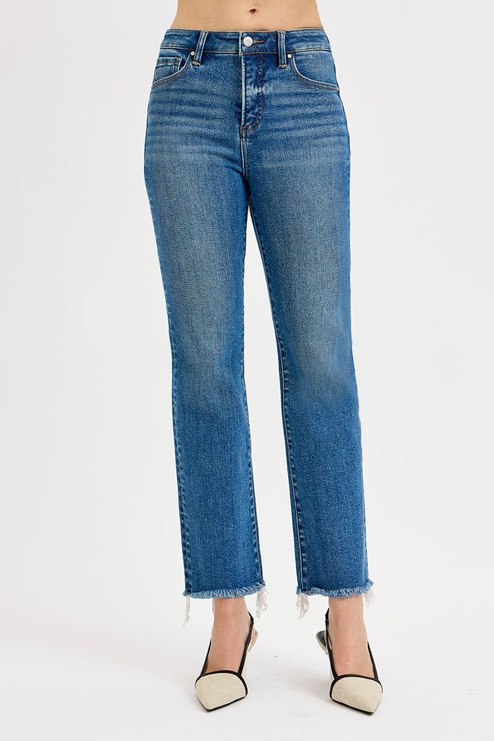 Risen medium wash straight leg jeans front