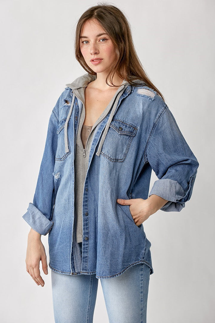 RISEN Hooded Denim Zip Shirt