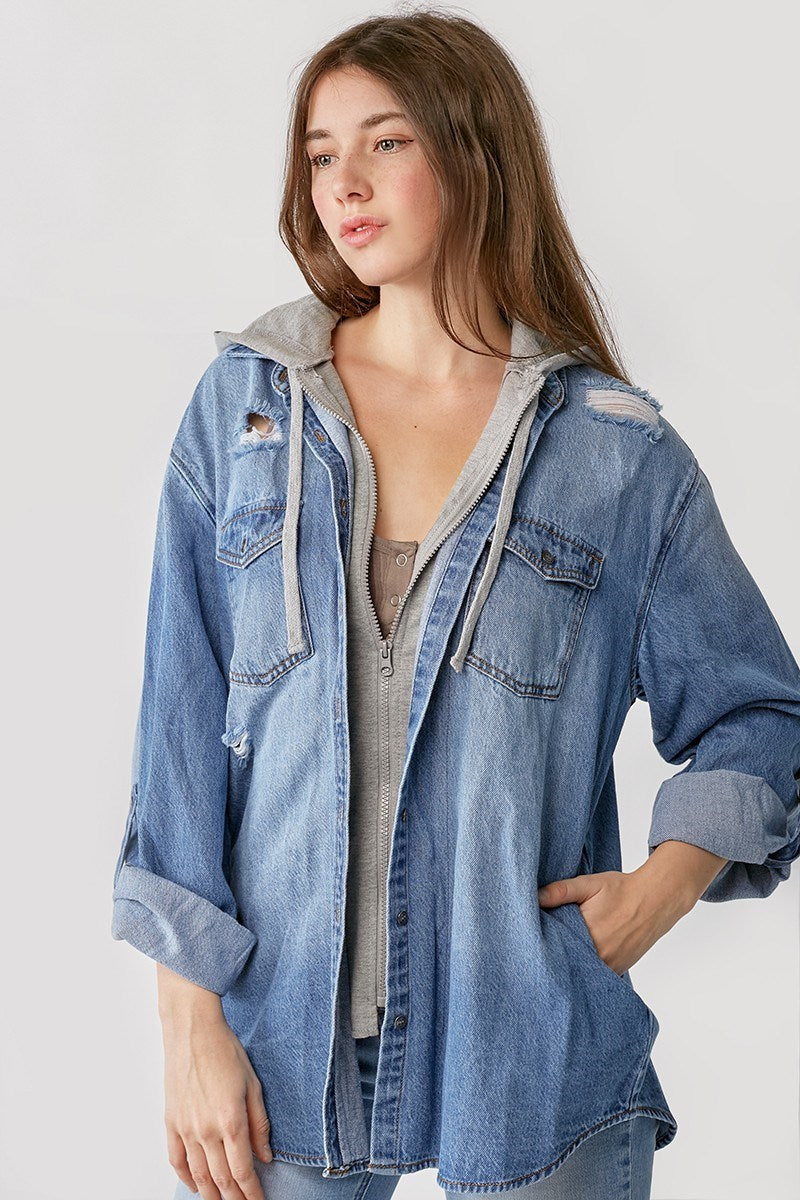 RISEN Hooded Denim Zip Shirt