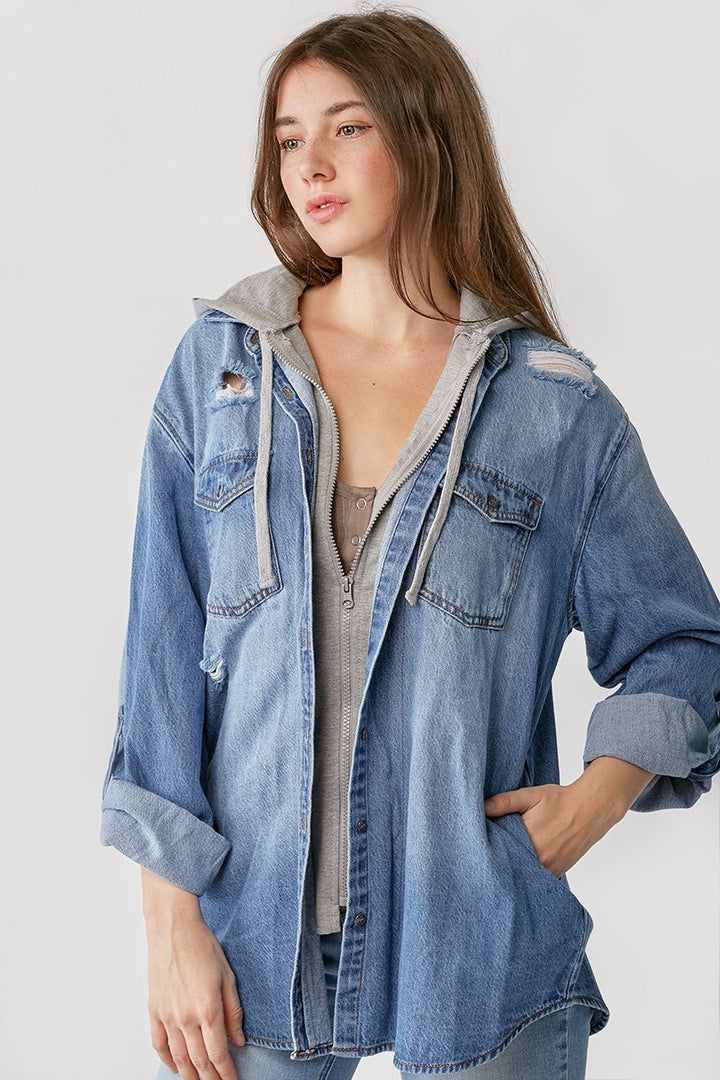 RISEN Hooded Denim Zip Shirt