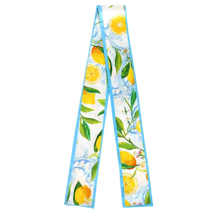 Vibrant Lemon Pattern Print Silk Feel Twilly Skinny Scarf Blue