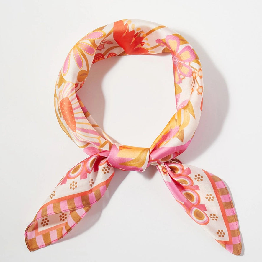 Retro Floral Print Square Bandana Scarf Pink