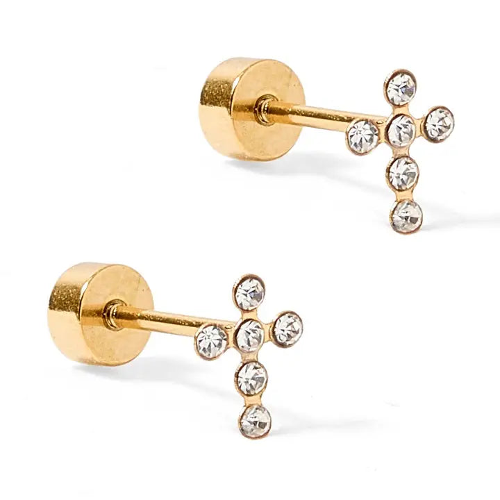 Clara Cross Gold Sparkle Screwback Stud Earrings