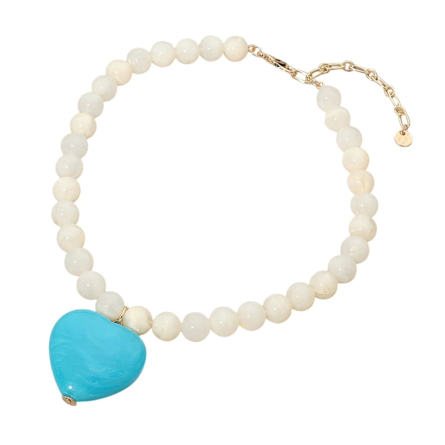 Chunky Marbled Heart Necklace Blue